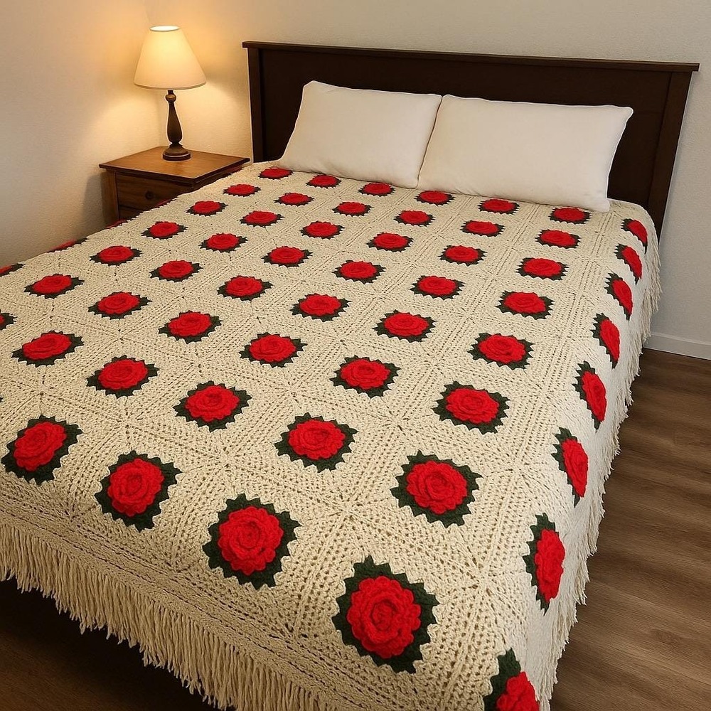 Vintage 70s Handmade Crochet Afghan Blanket Red Rose Granny Squares Fringe Throw
